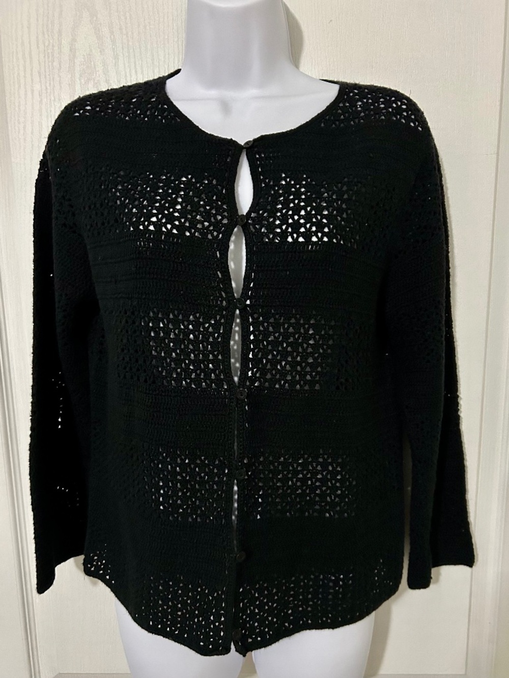 Eddie Bauer Vintage Hand Crochet Cardigan Black Cottagecore Minimalist